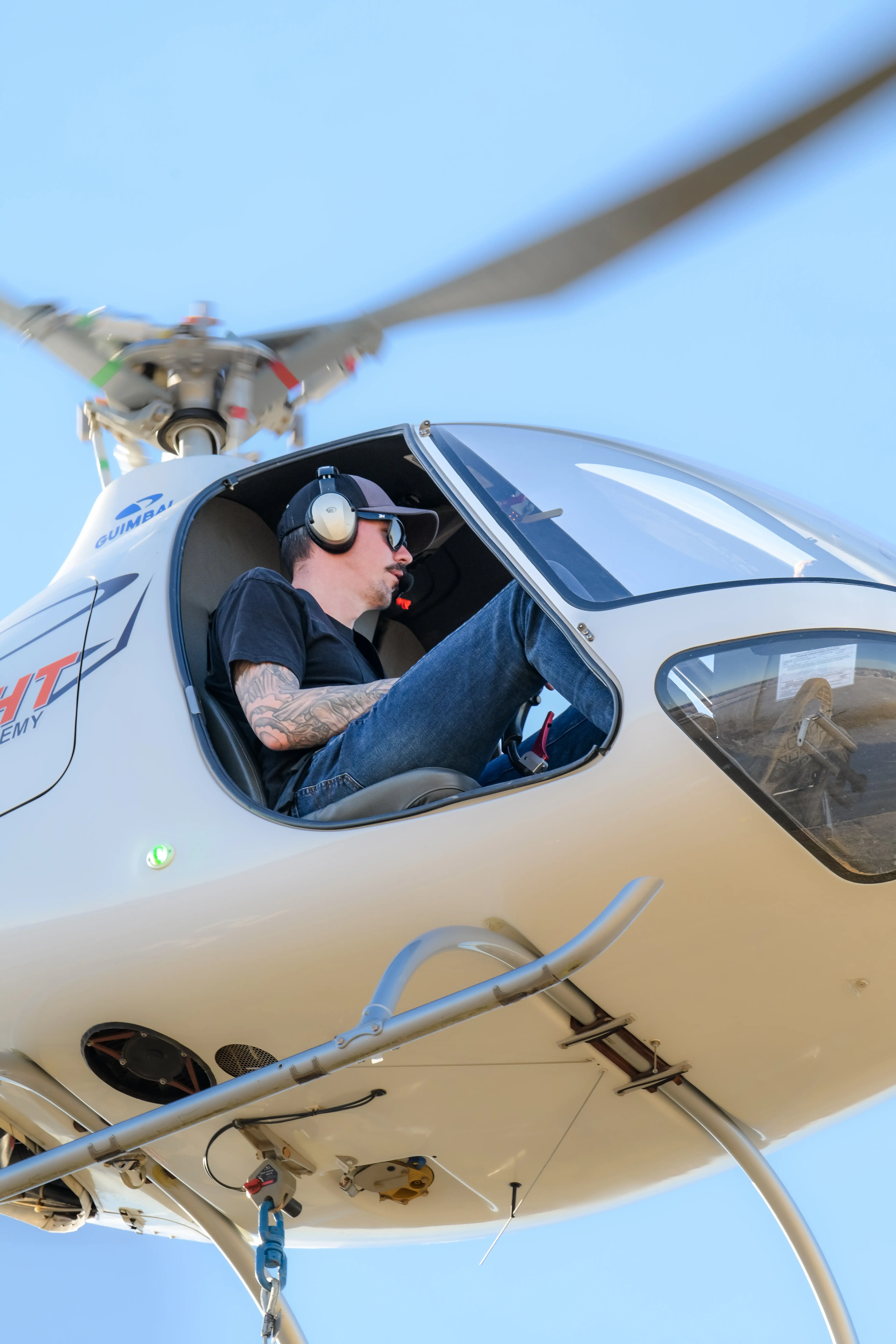 Low angle zoomed view from the right of helicopter flying